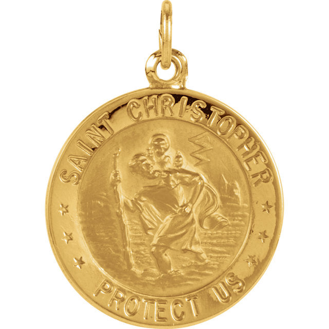 Round Saint Christopher Pendant in Solid Yellow Gold Protect Us Medal