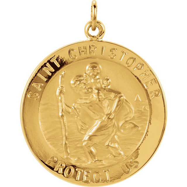 Round Saint Christopher Pendant in Solid Yellow Gold Protect