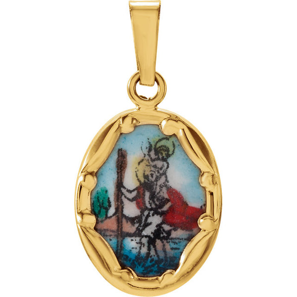 Oval Saint Christopher Color Enamel Pendant in Solid 14 Karat Yellow Gold Medal