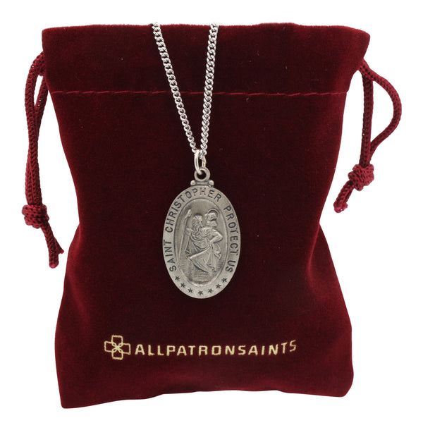 Oval St. Christopher Necklace Medal in Solid Sterling Silver With Jewelry Gift Set