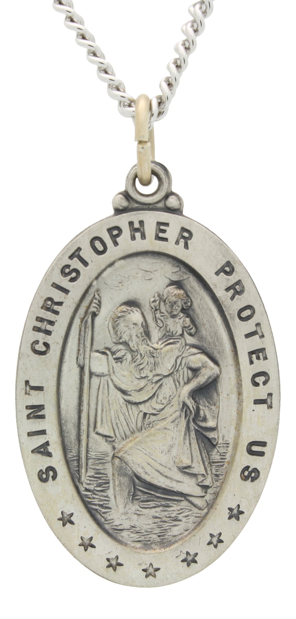 Oval St. Christopher Necklace Medal in Solid Sterling Silver With Jewe ...