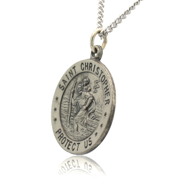 Round St. Christopher Necklace Medal Solid 925 Sterling Silver With Je ...