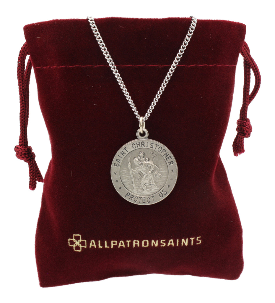 Round St. Christopher Necklace Medal Solid 925 Sterling Silver With Jewelry Gift Box