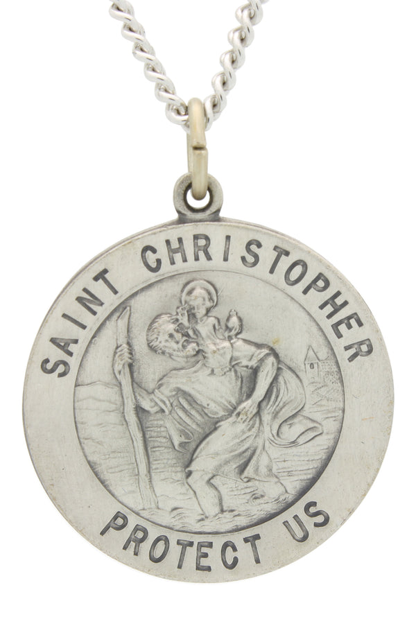Round St. Christopher Necklace Medal Solid 925 Sterling Silver With Je ...