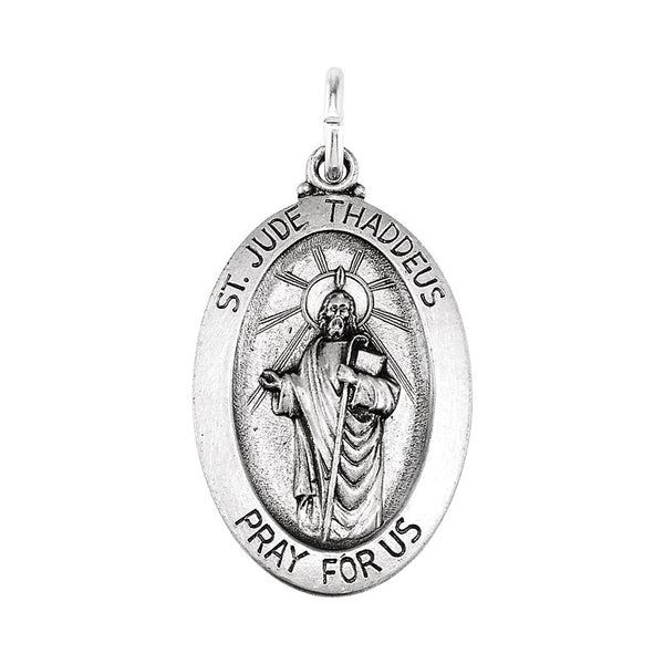 Saint Jude Embossed Oval Fine Solid 14 Karat White Gold Pray for Us Medal 19 x 14 MM