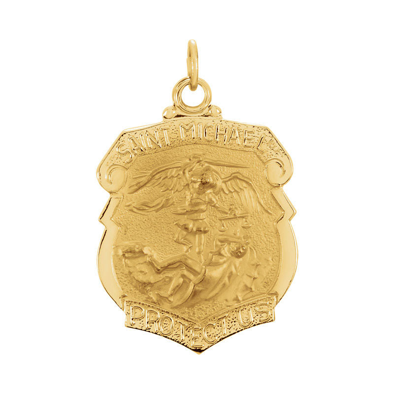 Saint Michael Shield Badge Pendant in Solid 14 Karat Yellow Gold Protect Us Medal
